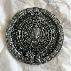 New Aztec Calendar belt buckle antiqued silver finish.